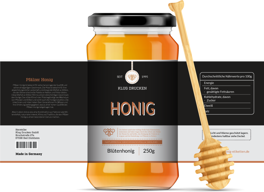 Honigglas mit Honig Etikett